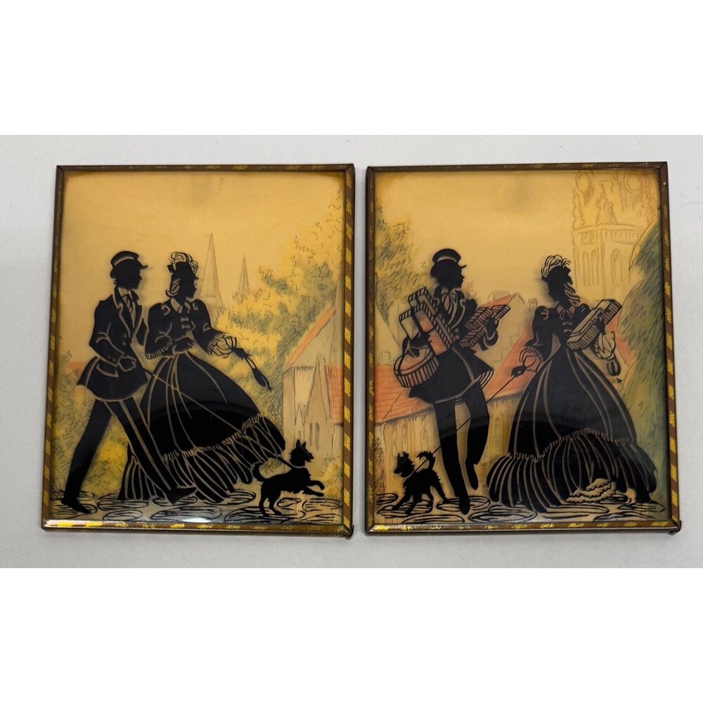 Reverse Painted Silhouettes Convex Glass Victorian Courting Couple With Dog